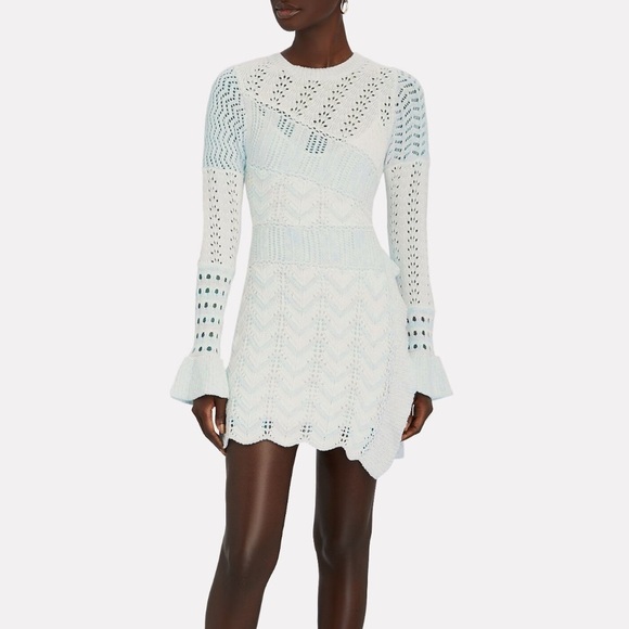 Loveshackfancy- NWT Blue and white “Kaelyn” Knit Long-sleeve Mini Dress - Picture 1 of 10